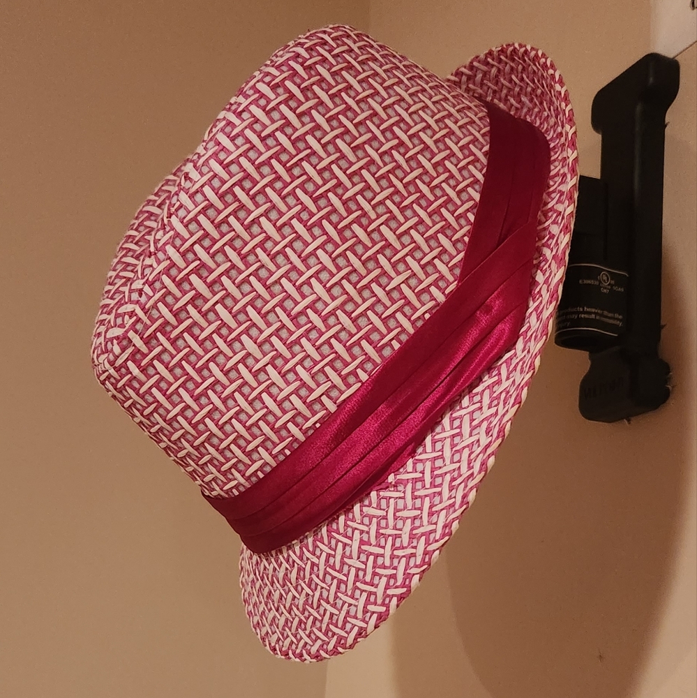 Pink and white fedora hat